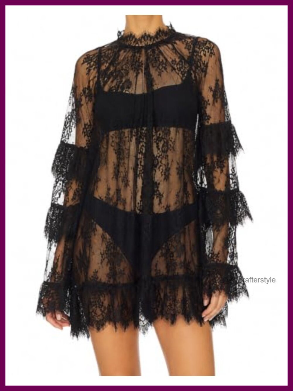Sheer Lace Mini Dress Long Sleeve Ruffle Overlay Boho Party